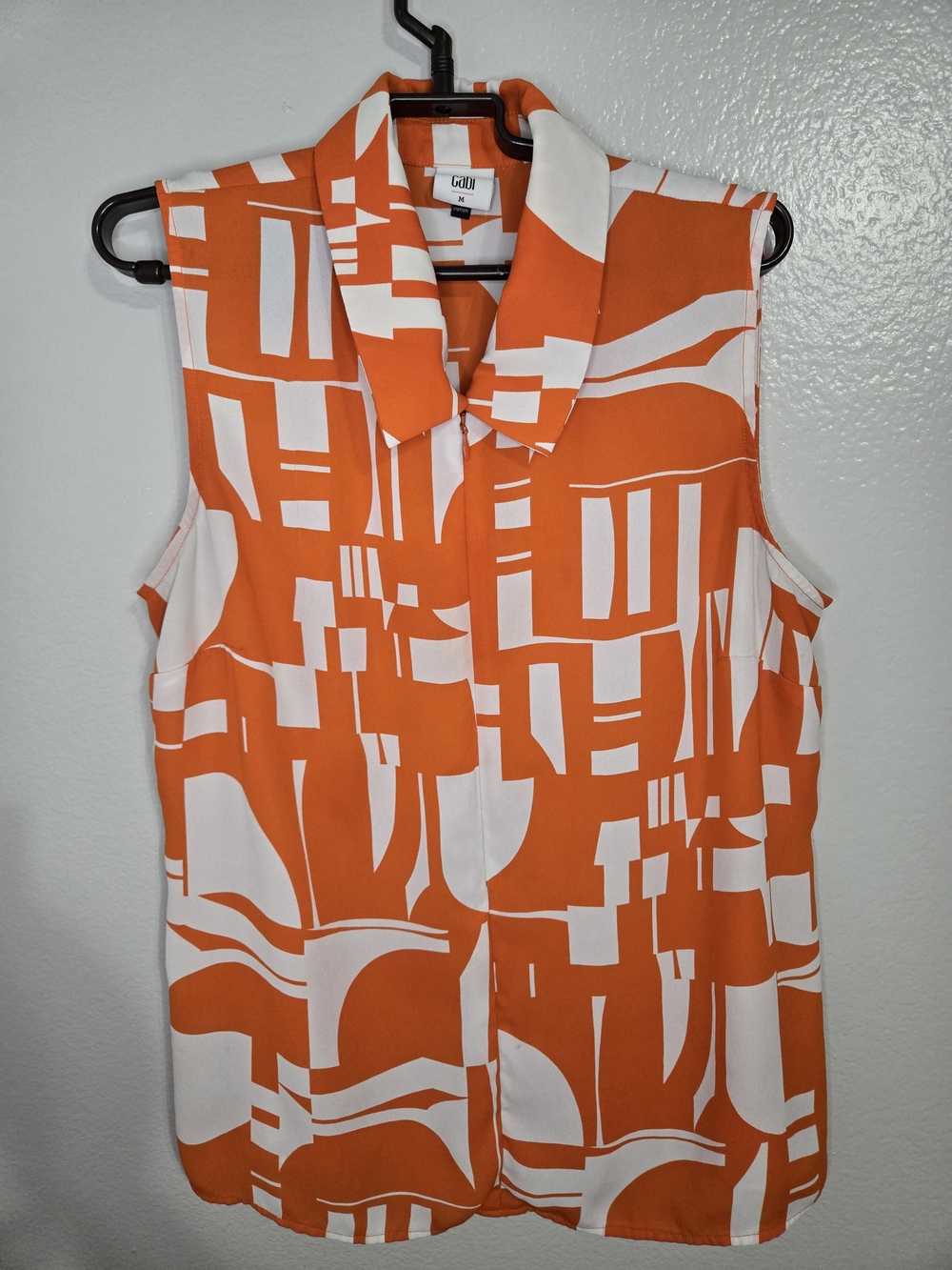 CAbi Orange & White Geometric Collared Sleeveless Top